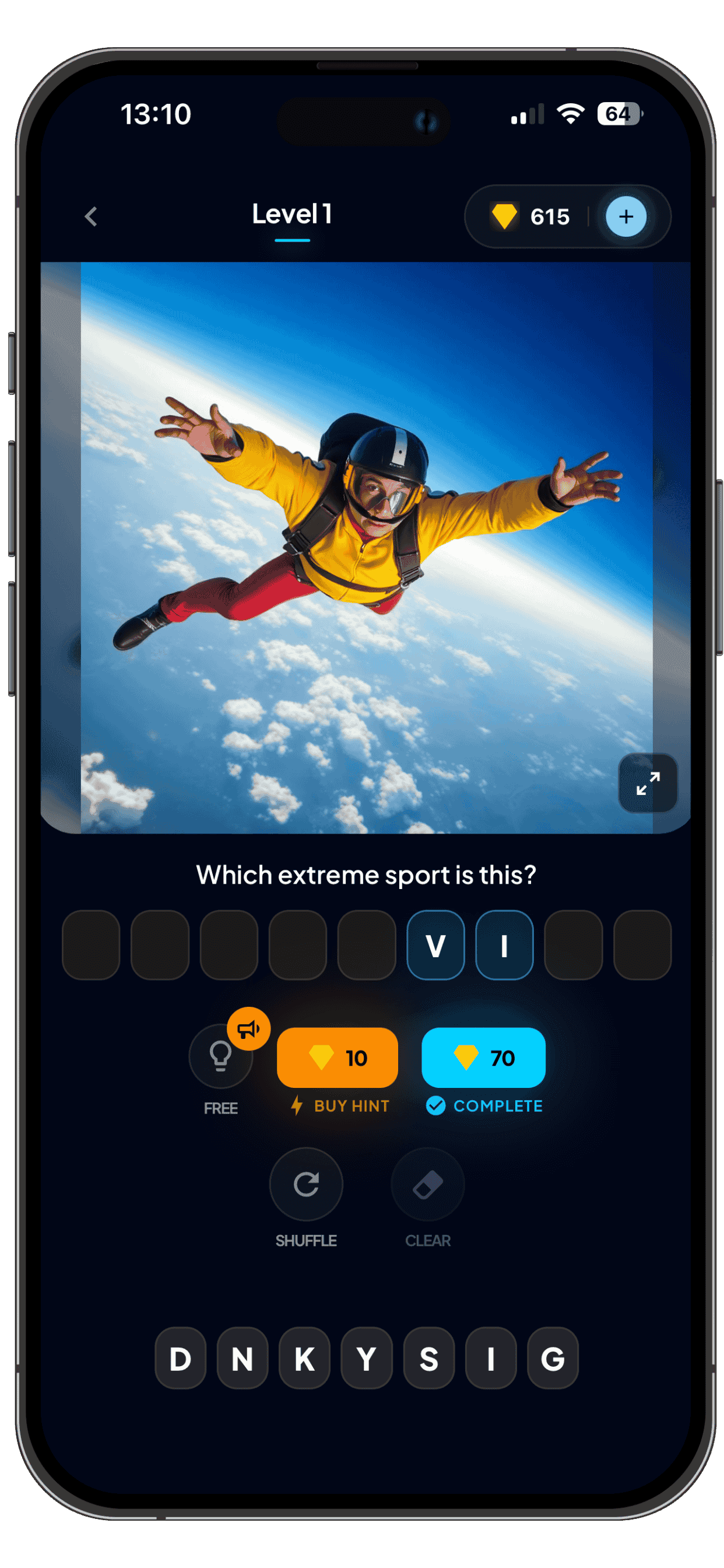 Neon Words gameplay: picture clue, question, and letter slots